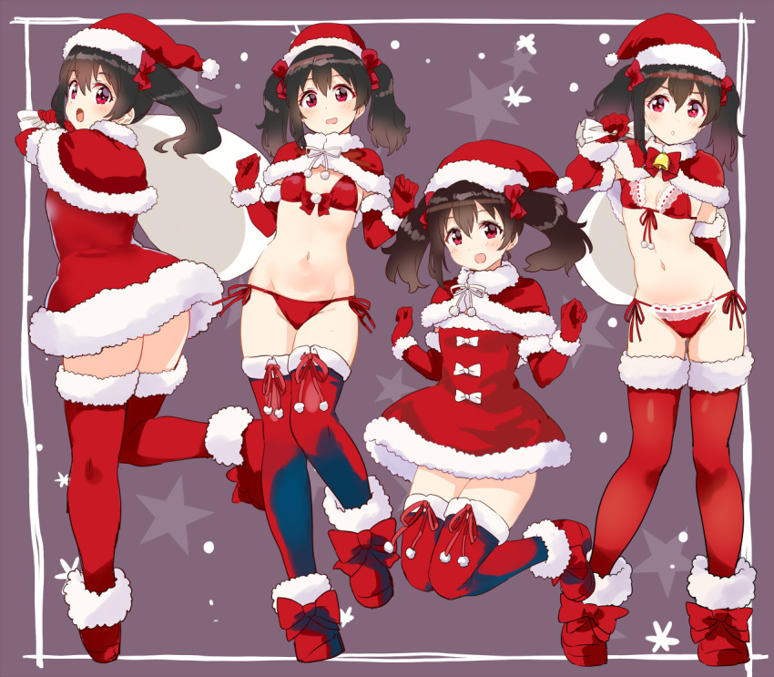 1girl bikini black_hair bow breasts capelet front-tie_top fur-trimmed_capelet fur_trim gloves hair_bow hat holding holding_sack kurokawa_makoto looking_at_viewer love_live! love_live!_school_idol_project multiple_views navel open_mouth red_bikini red_bow red_capelet red_eyes red_footwear red_gloves red_headwear red_legwear sack santa_bikini santa_hat shoe_bow shoes side-tie_bikini small_breasts smile stomach swimsuit thighhighs twintails yazawa_nico