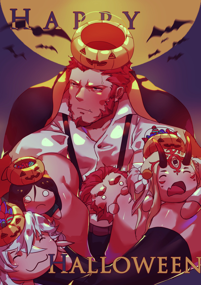 1boy absurdres bara beard blue_eyes blush brown_hair candy chest doll facial_hair fang fate/grand_order fate_(series) food guoguo halloween highres ibaraki_douji_(fate/grand_order) male_focus merlin_(fate) muscle napoleon_bonaparte_(fate/grand_order) open_clothes pants pectorals pumpkin rider_(fate/zero) simple_background socks solo sweatdrop thick_thighs thighs