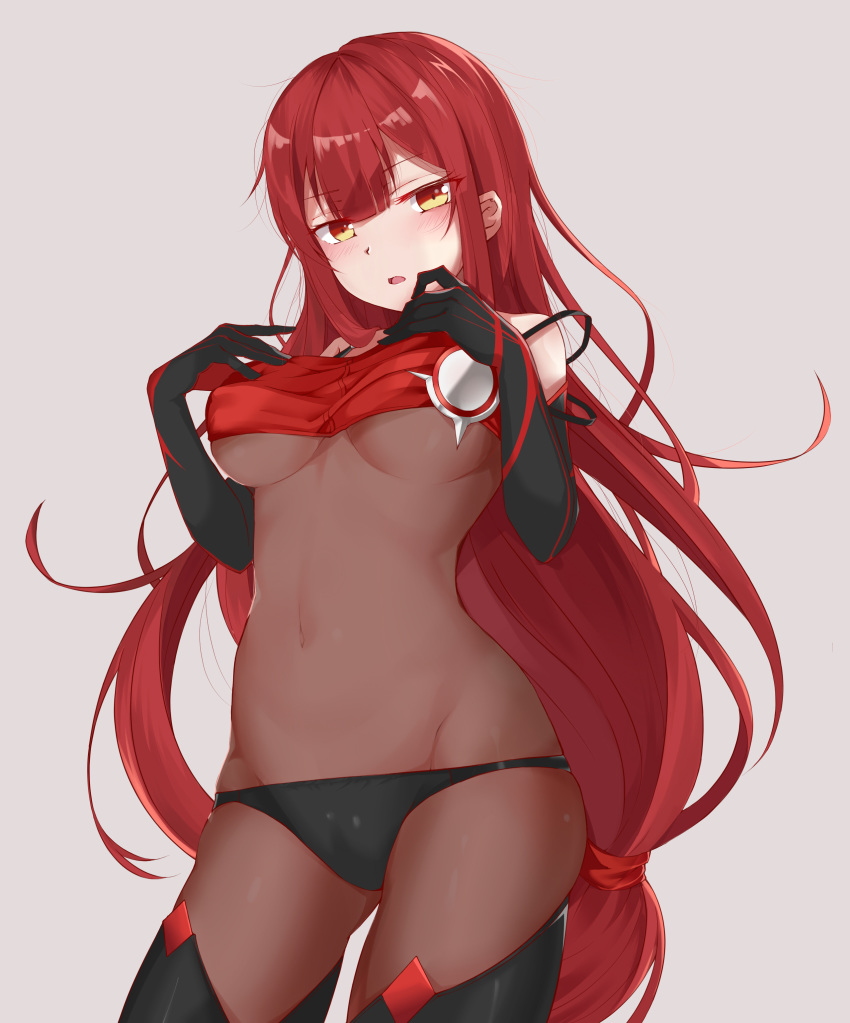 1girl :o absurdres ass_visible_through_thighs bangs bare_shoulders black_gloves black_legwear black_panties blush bodystocking breasts clothes_lift covered_navel cowboy_shot crimson_avenger_(elsword) elbow_gloves elesis_(elsword) elsword eyebrows_visible_through_hair gloves grey_background highres kaminarichyan large_breasts lifted_by_self long_hair looking_at_viewer low_twintails open_mouth panties red_hair simple_background skindentation stomach thighhighs twintails underboob underwear very_long_hair yellow_eyes