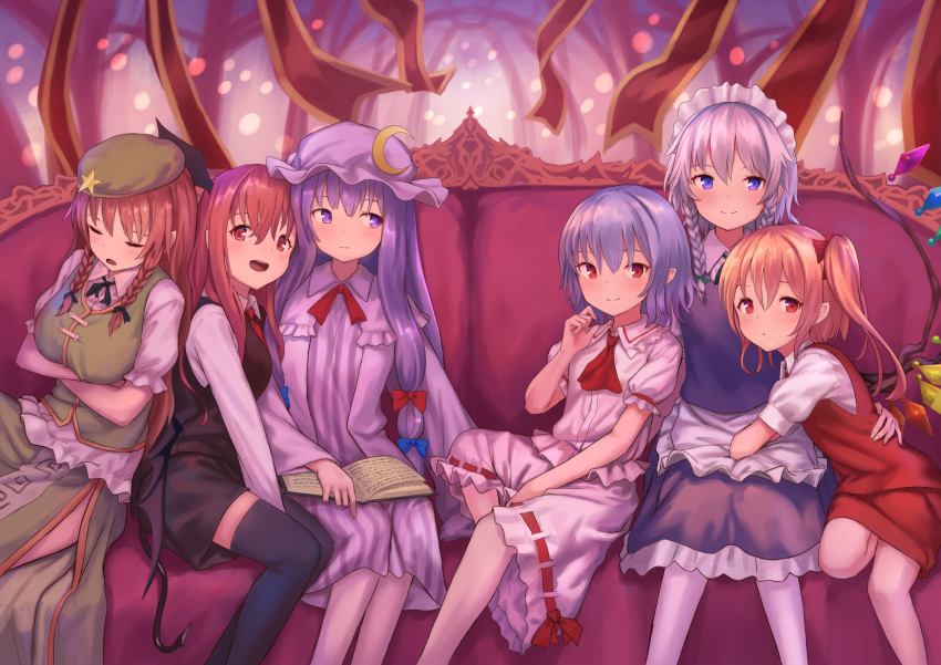 6+girls :d apron ascot bangs beret black_dress black_legwear black_ribbon blonde_hair blue_bow blue_eyes blue_hair blush book bow braid breasts closed_eyes commentary_request couch crescent crescent_hair_ornament crossed_arms demon_tail demon_wings dress feet_out_of_frame flandre_scarlet frilled_apron frills green_headwear green_ribbon green_skirt green_vest hair_bow hair_ornament hair_ribbon hand_up hat head_wings highres hong_meiling indoors izayoi_sakuya koakuma large_breasts long_hair long_sleeves looking_at_another looking_at_viewer looking_to_the_side maid maid_apron maid_headdress mob_cap multiple_girls no_hat no_headwear one_side_up open_mouth pantyhose patchouli_knowledge petticoat pink_dress puffy_short_sleeves puffy_sleeves purple_dress purple_eyes purple_hair purple_headwear red_bow red_eyes red_hair red_neckwear red_skirt red_vest remilia_scarlet ribbon roke_(taikodon) shirt short_dress short_hair short_sleeves side_slit sidelocks silver_hair skirt skirt_set sleeping smile standing star tail thighhighs touhou twin_braids vest waist_apron white_apron white_legwear white_shirt wings zettai_ryouiki