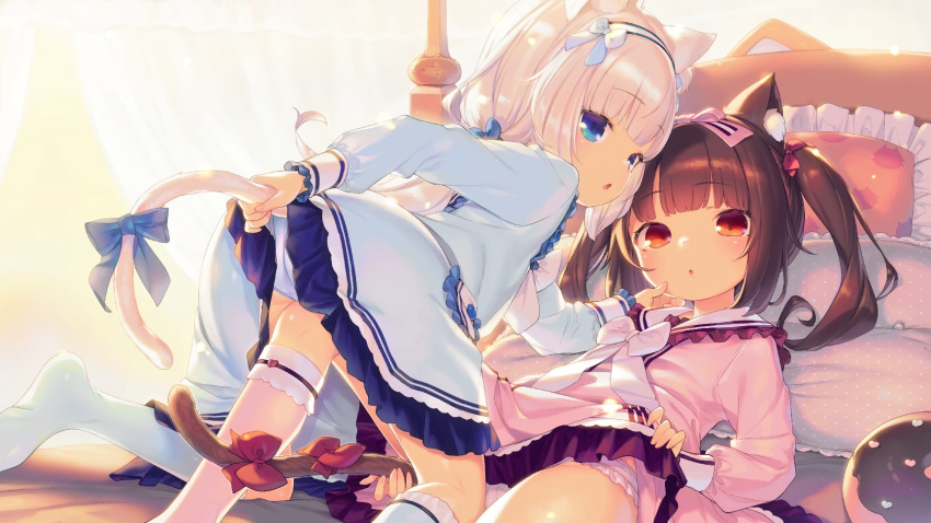 2girls animal_ear_fluff animal_ears bangs bed black_hair blue_bow blue_dress blue_eyes blush bow cat_ears cat_girl cat_tail chocola_(sayori) commentary_request dress eyebrows_visible_through_hair frilled_dress frilled_panties frilled_pillow frills girl_on_top hair_bow hairband henreader highres kneehighs long_hair looking_at_viewer looking_back lying multiple_girls nekopara no_shoes on_back on_bed panties parted_lips pillow pink_bow pink_dress pink_legwear red_bow red_eyes silver_hair soles tail tail_bow twintails underwear vanilla_(sayori) very_long_hair white_hairband white_legwear white_panties