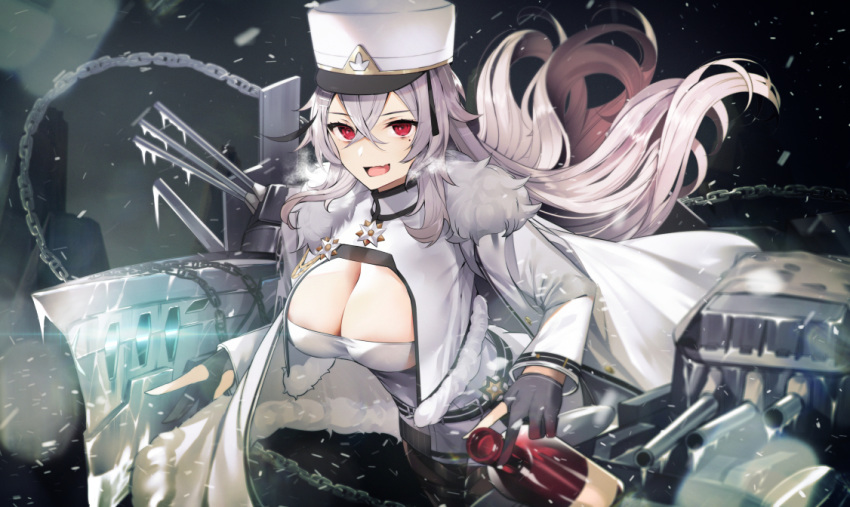 1girl :d azur_lane bangs banned_artist black_gloves bottle breasts cannon chain cleavage coat commentary_request crossed_bangs floating_hair frozen fur_trim gangut_(azur_lane) gloves grey_hair hair_between_eyes hat holding large_breasts long_hair looking_at_viewer machinery military military_uniform open_mouth partly_fingerless_gloves peaked_cap red_eyes smile solo tetsubuta turret uniform white_coat white_headwear