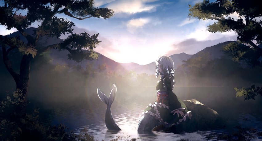 1girl animal_ears blue_hair cloud commentary_request day dise drill_hair frills from_side green_kimono head_fins highres japanese_clothes kimono lens_flare long_sleeves looking_away mermaid misty_lake monster_girl outdoors partially_submerged scenery short_hair sitting solo sunrise touhou tree wakasagihime