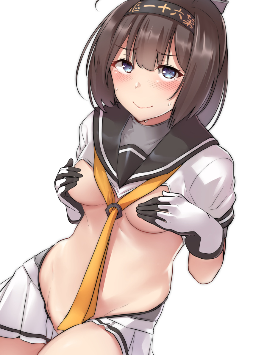 1girl absurdres akizuki_(kantai_collection) bangs blue_eyes blush breasts brown_hair clothes_writing commentary_request covering covering_breasts embarrassed eyebrows_visible_through_hair gloves groin hachimaki hair_ornament headband highres inverted_costume kantai_collection kiritto looking_at_viewer medium_breasts neckerchief ponytail revealing_clothes reverse_bunnysuit sailor_collar school_uniform serafuku short_hair short_sleeves simple_background skirt smile solo sweatdrop tearing_up tears wavy_mouth white_background yellow_neckwear