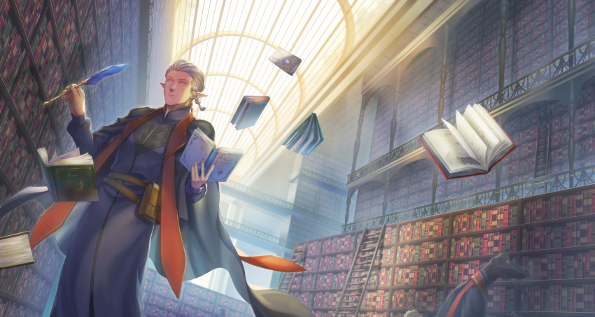 1boy absurdres book bookshelf cape day floating floating_object grey_hair highres holding_quill indoors ladder open_book pixiv_fantasia pixiv_fantasia_age_of_starlight pointy_ears pouch quill reshi3310 robe standing