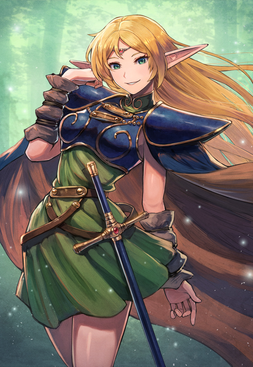 1girl blonde_hair blue_cape cape circlet cowboy_shot deedlit dress elf forest green_dress green_eyes highres kuroi_susumu long_hair long_pointy_ears looking_at_viewer nature outdoors pauldrons pointy_ears record_of_lodoss_war scabbard sheath sheathed short_dress sleeveless sleeveless_dress smile solo standing sword weapon