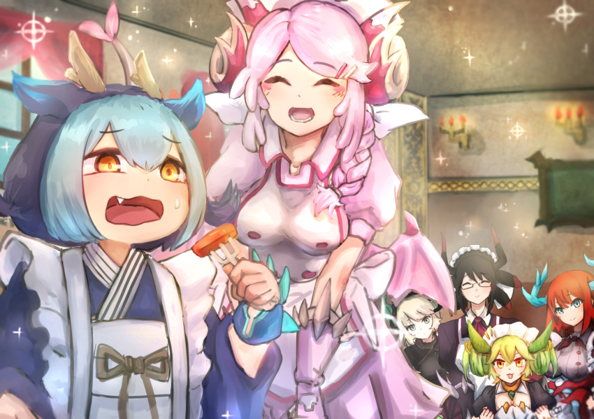 6+girls :3 ^_^ animal_ears apron ascot bangs black_dress black_hair black_horns blue_eyes blue_hair blue_horns blue_kimono blush braid breasts brown_choker candle ceiling choker cleavage clenched_hands closed_eyes collar collared_dress commentary_request curled_horns curtains dragon_ears dragon_girl dragon_horns dragon_tail dragon_wings dragonmaid_chame dragonmaid_hausky dragonmaid_laudry dragonmaid_nasary dragonmaid_parla dragonmaid_tillroo dress duel_monster eyebrows_visible_through_hair fang flat_chest food fork frame frilled_apron frilled_collar frills gauntlets glasses green_hair green_horns green_wings hair_between_eyes hair_over_shoulder hair_rings hand_up hat hatano_kiyoshi holding holding_fork horns indoors japanese_clothes kimono lace-trimmed_apron large_breasts leaning_forward long_sleeves lower_teeth maid maid_apron maid_dress maid_headdress multicolored_hair multiple_girls neck_ribbon nurse_cap open_mouth pink_dress pink_hair pink_horns pink_wings puffy_long_sleeves puffy_short_sleeves puffy_sleeves red_dress red_hair red_neckwear ribbon short_hair short_sleeves sidelocks smile sparkle sweatdrop tail two-tone_hair upper_body wa_maid wall white_apron white_hair window wings wristband yellow_eyes yellow_horns yuu-gi-ou |d