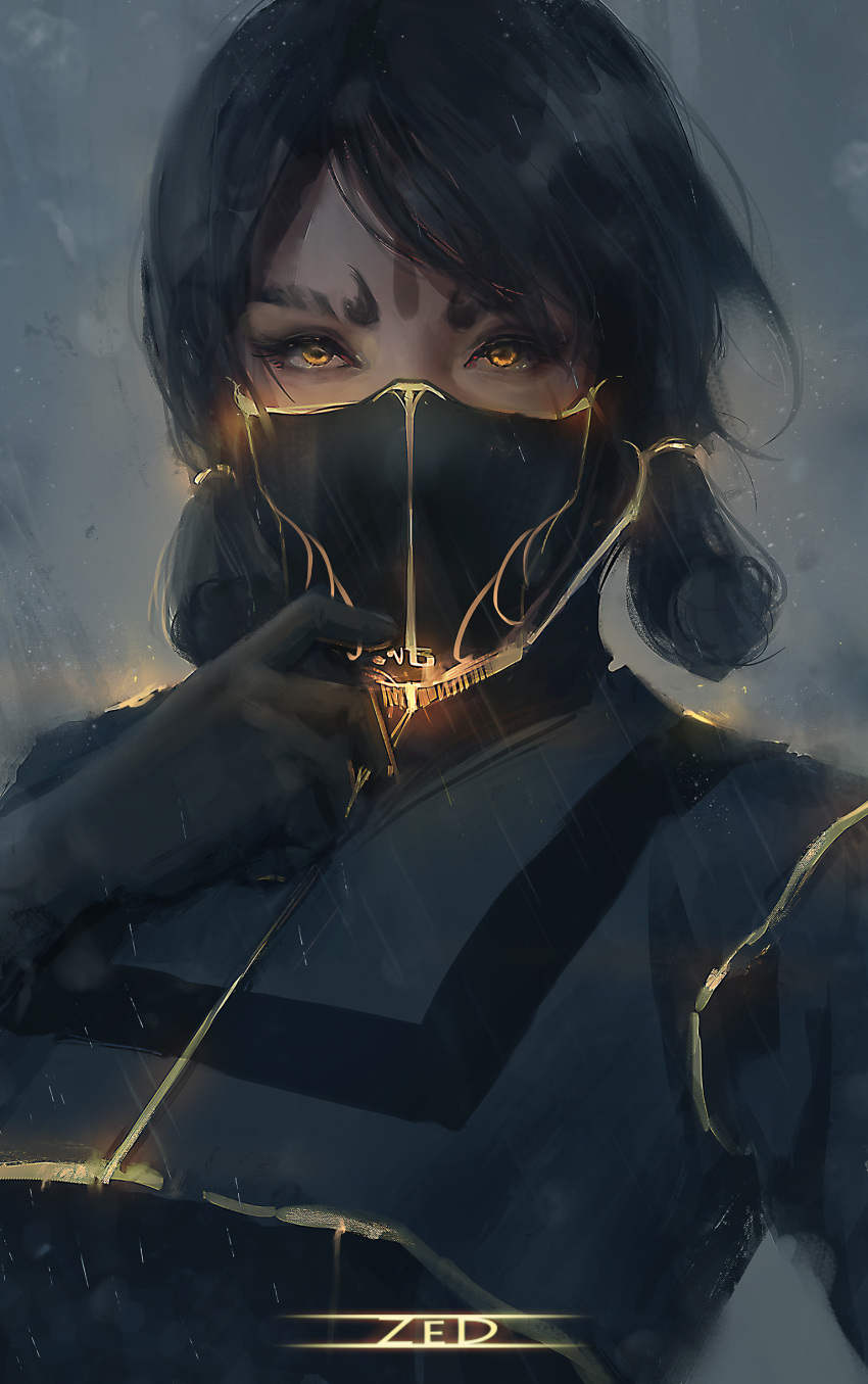 1girl absurdres artist_name bangs black_gloves black_hair black_mask bodysuit closed_mouth facepaint gloves glowing grey_background highres looking_at_viewer medium_hair original outdoors painting rain solo twintails yellow_eyes zed_(trungbui42)