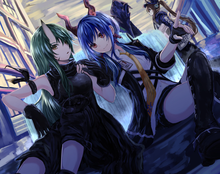 1other 3girls amiya_(arknights) arknights arm_ribbon armor bangs black_gloves black_jacket black_ribbon blue_hair breastplate brown_eyes brown_hair ch'en_(arknights) commentary_request crossed_legs doctor_(arknights) dragon_horns dutch_angle feet_out_of_frame fingerless_gloves fountain gloves green_hair hair_over_one_eye hand_on_another's_shoulder headphones highres holding holding_newspaper hood hooded_jacket horn horns hoshiguma_(arknights) jacket knee_pads long_hair looking_at_another looking_at_viewer multiple_girls necktie newspaper outdoors parted_lips ponytail profile red_eyes ribbon sei_(saya_sea) shin_guards shirt short_sleeves sitting sleeveless white_shirt yellow_neckwear