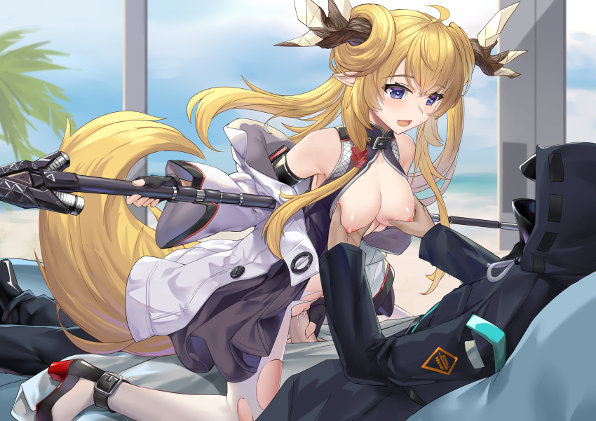 1boy 1girl 463_jun :d arknights bad_id bare_shoulders black_gloves blush breasts cleavage cleft_of_venus doctor_(arknights) fingerless_gloves gloves groping heart heart-shaped_pupils hetero highres holding holding_weapon horns jacket leizi_(arknights) long_hair mask nipples open_mouth pantyhose penis ponytail purple_eyes sex smile symbol-shaped_pupils torn_clothes torn_legwear uncensored vaginal very_long_hair weapon white_legwear