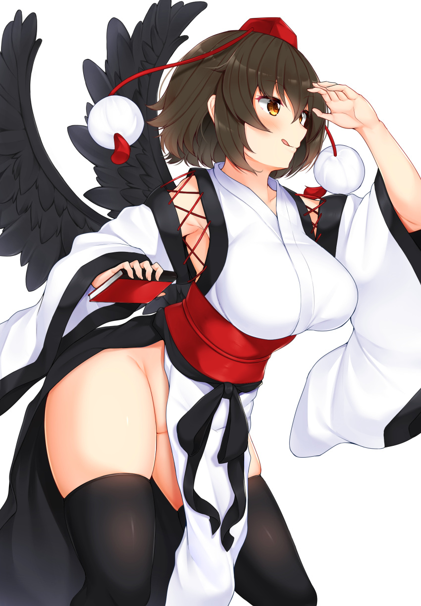 1girl arm_up black_legwear black_wings book breasts brown_eyes brown_hair commentary_request detached_sleeves feathered_wings hat highres holding holding_book kourindou_tengu_costume large_breasts leaning_forward licking_lips no_panties notebook obi pom_pom_(clothes) red_headwear sash shameimaru_aya simple_background skindentation smile solo standing thighhighs tokin_hat tokoya_(ex-hetare) tongue tongue_out touhou white_background wide_sleeves wings