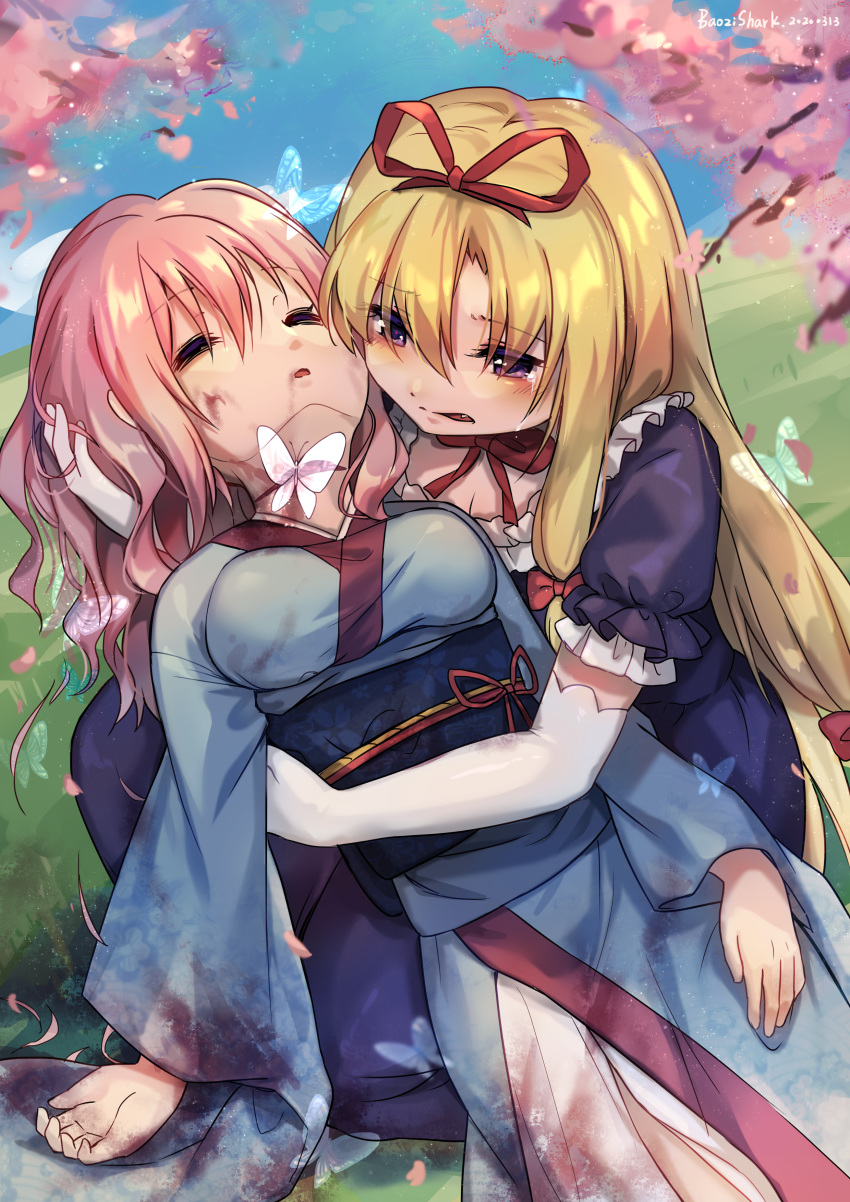 2girls absurdres artist_name bangs baozishark blood bloody_clothes blue_kimono blue_sky breasts closed_eyes cloud cloudy_sky crying dated day death dress elbow_gloves gloves grass hair_between_eyes hair_ribbon highres japanese_clothes kimono layered_clothing long_hair long_sleeves medium_breasts multiple_girls neck_ribbon obi petals pink_hair purple_dress purple_eyes red_pupils red_ribbon ribbon sad saigyouji_yuyuko saigyouji_yuyuko_(living) sash short_sleeves sky slit_throat suicide touhou transparent_butterfly very_long_hair white_gloves wide_sleeves yakumo_yukari