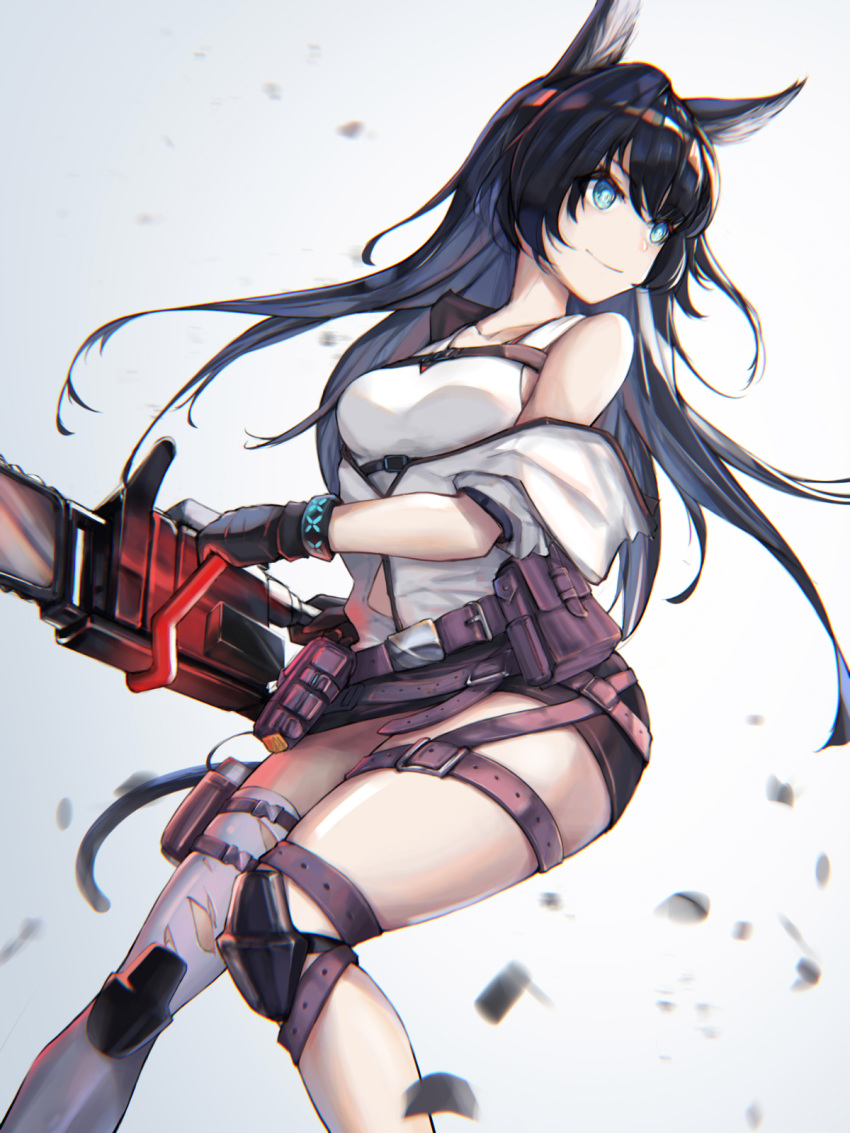 1girl animal_ears arknights belt belt_pouch black_gloves black_hair black_skirt blaze_(arknights) blue_eyes breasts cat_ears cat_tail chainsaw cowboy_shot debris eyyy gloves highres holster jacket knee_pads long_hair medium_breasts midriff miniskirt off_shoulder pouch simple_background single_thighhigh skirt smile solo straight_hair tail tank_top thigh_holster thigh_strap thighhighs thighs white_background white_jacket white_legwear white_tank_top