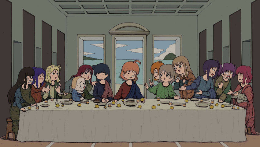 6+girls a_h_kapperfield ahoge angry bangs black_eyes black_hair blonde_hair blue_hair braid closed_eyes cloud cloudy_sky clover_hair_ornament crown_braid cup dog eating fine_art_parody food fruit grey_hair hair_bun hair_ornament hair_rings highres kazuno_leah kazuno_sarah kousaka_honoka kunikida_hanamaru kurosawa_dia kurosawa_ruby light_brown_hair long_hair long_sleeves love_live! love_live!_school_idol_project love_live!_sunshine!! mandarin_orange matsuura_kanan multiple_girls ohara_mari one_side_up onigiri orange_hair parody plate ponytail purple_hair red_hair robe sakurauchi_riko shiitake_(love_live!_sunshine!!) short_hair side_braid side_ponytail sidelocks sitting sky sleeping table takami_chika the_last_supper tsushima_yoshiko two_side_up watanabe_you window