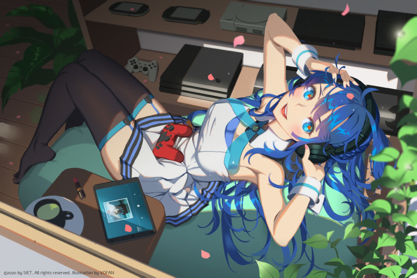 1girl adjusting_headphones ai-chan_(playstation) armpits bean_bag_chair black_legwear blue_eyes blue_hair blush breasts cherry_blossoms cup day detached_collar dress full_body game_console garter_straps handheld_game_console headphones indoors knees_together_feet_apart lips lipstick_tube long_hair looking_at_viewer medium_breasts nail_polish off-shoulder_dress off_shoulder open_mouth petals pink_nails plant playstation playstation_2 playstation_3 playstation_4 playstation_controller playstation_portable playstation_vita red_pupils shade short_dress sitting sleeveless smile solo sony sunlight tablet_pc thighhighs thighs vofan white_dress wrist_cuffs