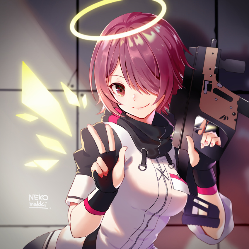 1girl absurdres arknights artist_name bangs black_gloves breasts commentary_request exusiai_(arknights) fingerless_gloves gloves gun hair_over_one_eye halo hands_up high_collar highres holding holding_gun holding_weapon indoors jacket left-handed lili_mdoki looking_at_viewer medium_breasts partial_commentary raglan_sleeves red_eyes red_hair short_hair short_sleeves smile solo upper_body w weapon white_jacket