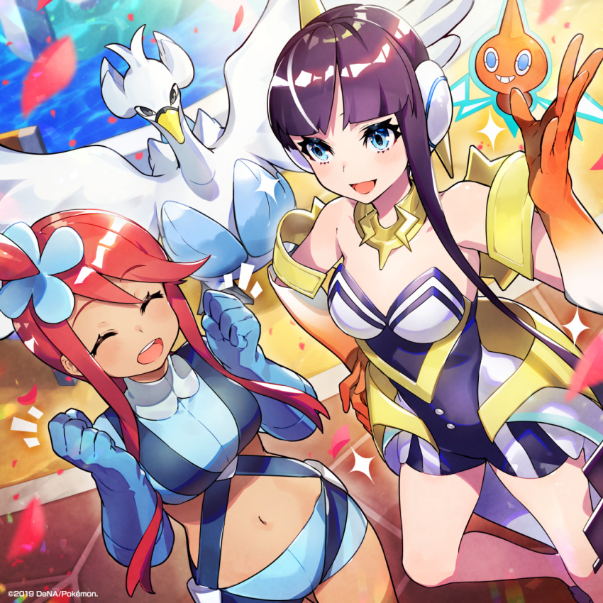 2girls asymmetrical_hair bare_shoulders black_hair blue_eyes breasts closed_eyes elbow_gloves eyebrows_visible_through_hair fuuro_(pokemon) gen_4_pokemon gen_5_pokemon gloves gradient_gloves gym_leader hair_bun hair_ornament headphones highres kamitsure_(pokemon) large_breasts midriff mika_pikazo multiple_girls navel official_art open_mouth orange_gloves petals pokemon pokemon_(creature) pokemon_(game) pokemon_bw pokemon_masters red_hair rotom rotom_(normal) short_shorts shorts sidelocks swanna