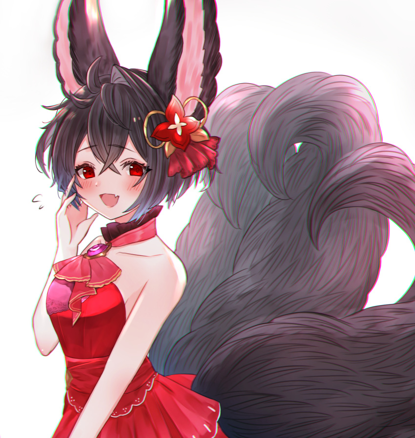 1girl :d ahoge amethyst_(gemstone) animal_ears bangs bare_arms bare_shoulders black_hair blush collar collarbone commentary_request cowboy_shot dress erune eyebrows_visible_through_hair fang flying_sweatdrops fox_ears fox_girl fox_tail gem granblue_fantasy hair_ornament hand_on_own_cheek hand_up highres looking_at_viewer multiple_tails open_mouth red_dress red_eyes rice_tea short_hair single_hair_intake sleeveless sleeveless_dress smile solo tail you_(granblue_fantasy)