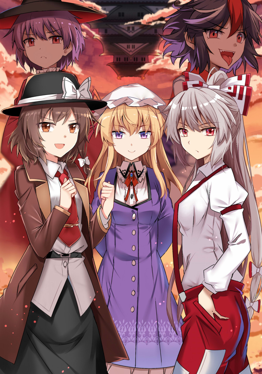 5girls :p arm_at_side arm_belt arms_behind_back arms_up black_hair black_headwear black_skirt blonde_hair bowl bowl_hat brooch brown_eyes brown_hair cloud cloudy_sky commentary_request dress e.o. eyebrows_visible_through_hair from_side frown fujiwara_no_mokou hair_between_eyes hair_ribbon hand_in_pocket hat hat_ribbon highres horns japanese_clothes jewelry juliet_sleeves kijin_seija kimono long_hair long_sleeves looking_at_viewer maribel_hearn mob_cap multicolored_hair multiple_girls necktie open_mouth pants ponytail puffy_sleeves purple_dress purple_eyes purple_hair red_eyes red_kimono red_neckwear red_pants red_sky ribbon serious sharp_teeth shining_needle_castle shirt short_hair silver_hair skirt sky streaked_hair sukuna_shinmyoumaru suspenders teeth tie_clip tongue tongue_out touhou trench_coat untucked_shirt upper_body upper_teeth usami_renko very_long_hair white_headwear white_shirt