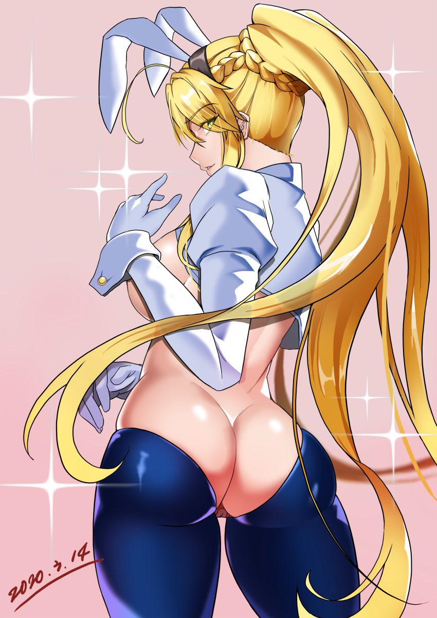 1girl absurdres ahoge animal_ears artoria_pendragon_(all) artoria_pendragon_(swimsuit_ruler)_(fate) ass back bandaid bandaid_on_pussy bangs black_hairband blonde_hair blue_legwear braid breasts bunny_ears cameltoe commentary_request convenient_arm convenient_censoring cowboy_shot dated eyebrows_visible_through_hair eyes_visible_through_hair fake_animal_ears fate/grand_order fate_(series) from_behind gloves green_eyes hair_over_one_eye hairband highres inverted_costume juliet_sleeves large_breasts long_hair long_sleeves looking_at_viewer looking_back love-saber nude parted_lips pink_background ponytail puffy_sleeves reverse_bunnysuit shrug_(clothing) sideboob simple_background smile solo sparkle very_long_hair white_gloves wrist_cuffs