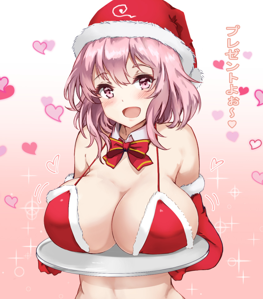 1girl :d amagi_(amagi626) bangs bare_shoulders bikini blush bow bowtie breast_rest breasts breasts_on_tray carried_breast_rest christmas commentary_request detached_collar elbow_gloves eyebrows_visible_through_hair fur-trimmed_bikini fur-trimmed_gloves fur_trim gloves gradient gradient_background hat heart highres large_breasts looking_at_viewer open_mouth pink_background pink_eyes pink_hair red_bikini red_bow red_gloves red_headwear red_neckwear saigyouji_yuyuko santa_bikini santa_hat short_hair smile solo sparkle stomach swimsuit touhou translation_request upper_body white_background