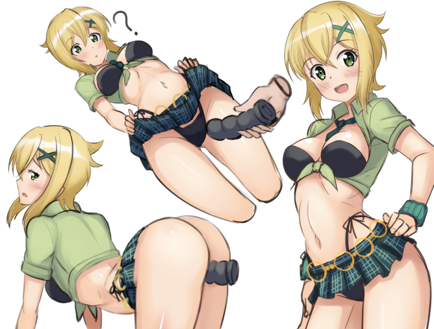 1girl akatsuki_kirika alfort_(may0508) ass bikini bikini_under_clothes blonde_hair breasts dildo green_eyes lifted_by_self looking_at_viewer medium_breasts navel object_insertion senki_zesshou_symphogear shiny shiny_hair shiny_skin short_hair simple_background skirt skirt_lift swimsuit vaginal vaginal_object_insertion white_background