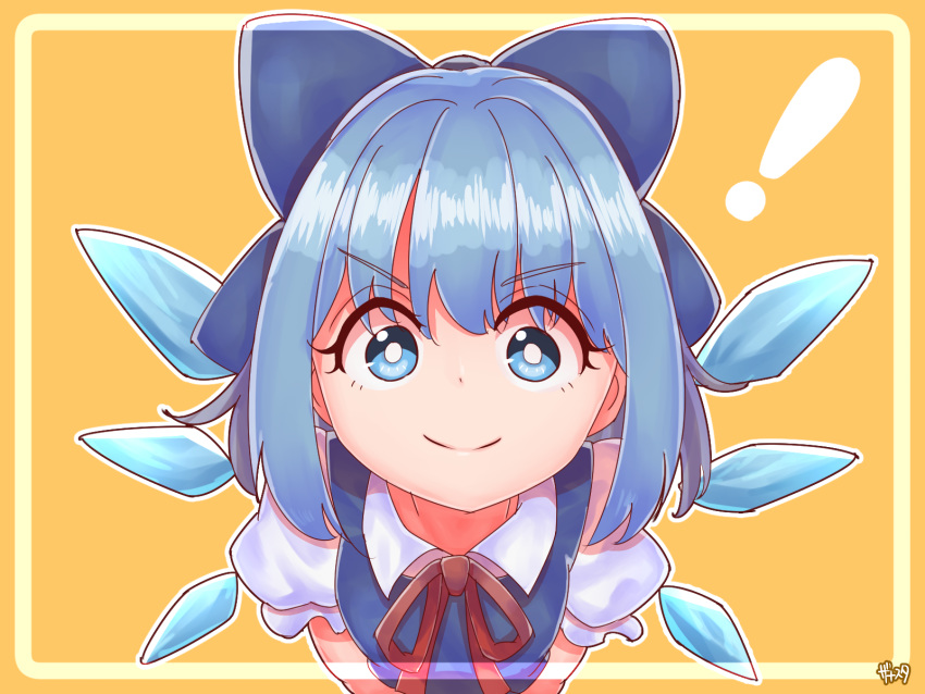 ! 1girl artist_name blue_dress blue_eyes border breasts bright_pupils cirno commentary dress eyebrows_visible_through_hair foreshortening hair_ribbon highres looking_at_viewer orange_background outline pinafore_dress puffy_short_sleeves puffy_sleeves red_neckwear red_ribbon ribbon shiny shiny_hair shirt short_hair short_sleeves simple_background small_breasts smile solo touhou white_border white_pupils white_shirt wings zanasta0810