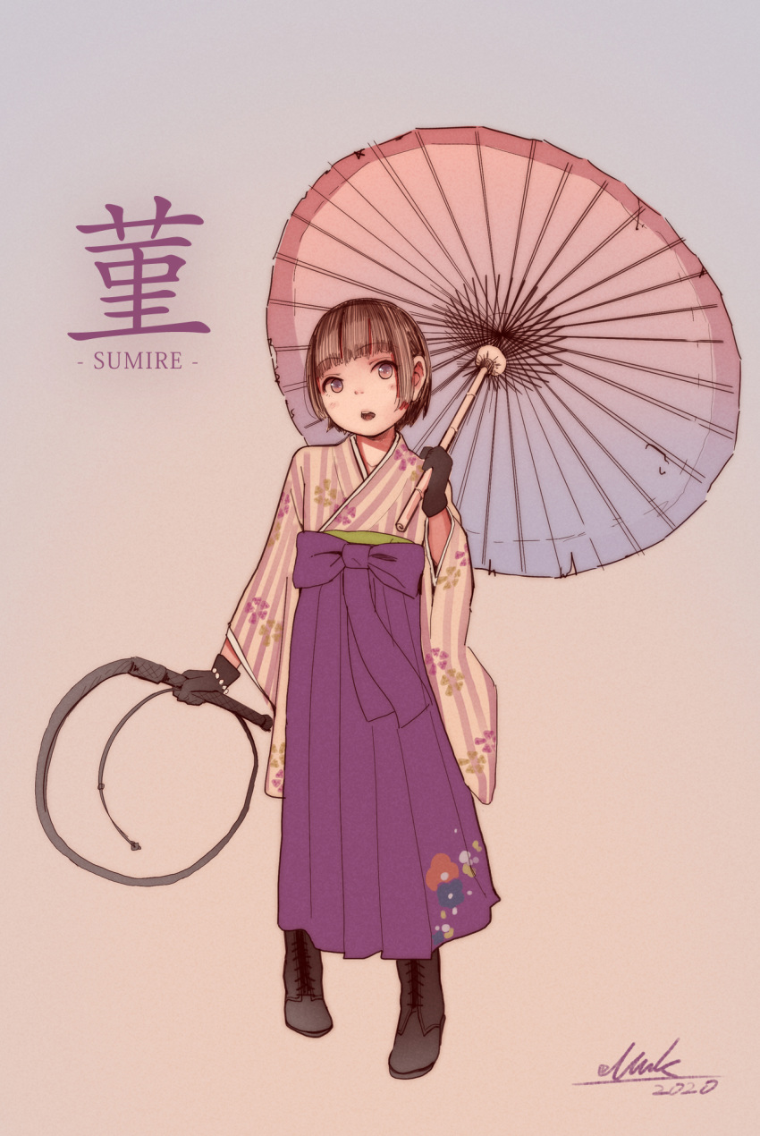 1girl bangs black_gloves blunt_bangs boots brown_eyes brown_footwear brown_hair cross-laced_footwear dated eyebrows_visible_through_hair full_body gloves gradient gradient_background highres holding holding_umbrella holding_whip japanese_clothes kimono long_sleeves looking_at_viewer muk_(monsieur) oriental_umbrella original short_hair signature sketch solo standing umbrella whip wide_sleeves zashiki-warashi