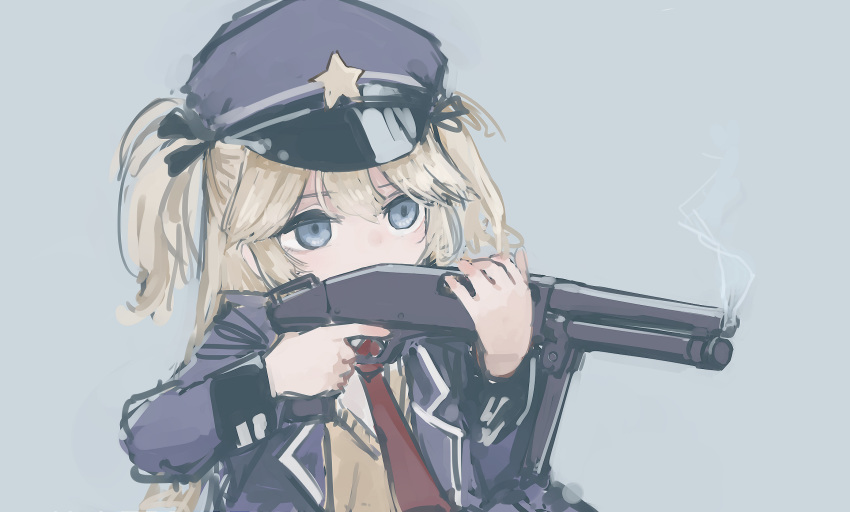 1girl blonde_hair blue_eyes eyebrows_visible_through_hair girls_frontline grey_background gun gun_smoke hat highres holding holding_gun holding_weapon long_hair long_sleeves necktie pointing_gun police_hat rampart1028 serbu_super-shorty shirt shotgun simple_background solo super_shorty_(girls_frontline) weapon