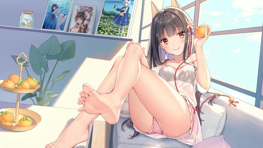 1girl absurdres akagi_(warship_girls_r) animal_ears bangs bare_shoulders barefoot bell black_bra blunt_bangs blush bow bra breasts brown_eyes brown_hair closed_mouth collarbone couch crossed_legs dress eyebrows_visible_through_hair feet flower food fox_ears fruit hair_flower hair_ornament hair_ribbon highres holding holding_food holding_fruit indoors jar jingle_bell leaning_back lingerie mandarin_orange medium_breasts negligee on_couch orange pillow pink_bow pink_flower pink_shorts plant potted_plant purple_ribbon ribbon short_shorts short_sleeves shorts sitting smile soles solo spread_toes strap_slip table toes underwear warship_girls_r white_dress yinqi