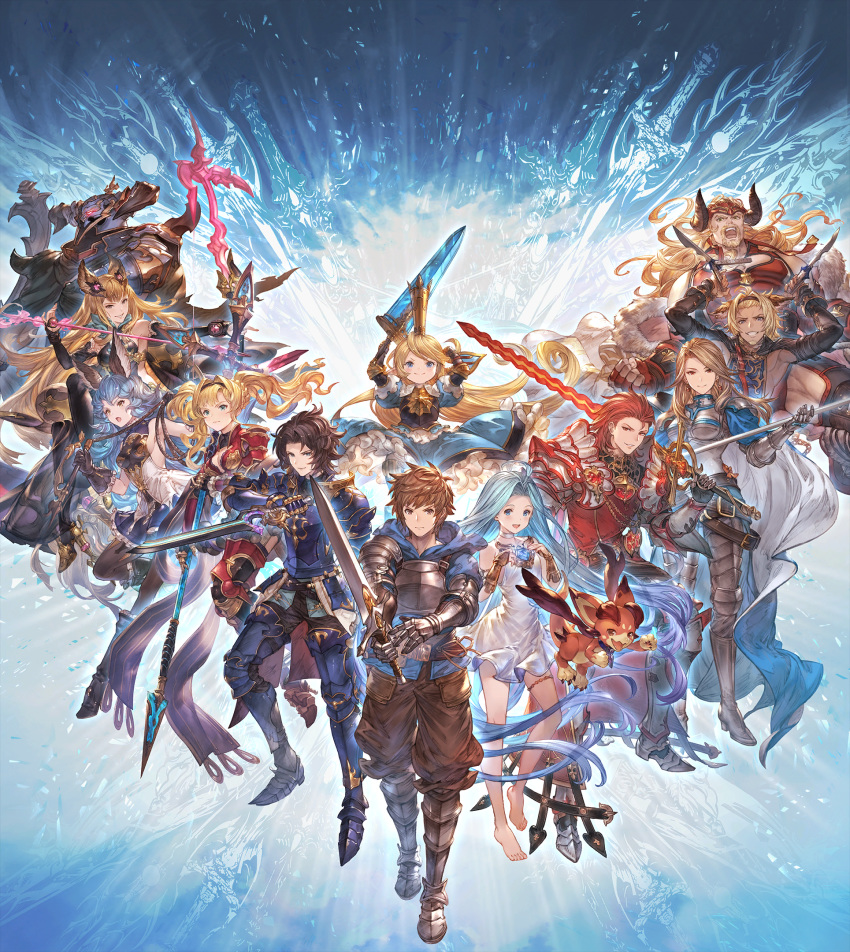 6+boys 6+girls :d ahoge animal_ears armor arms_up arrow bare_legs barefoot belt beltskirt black_hair black_legwear blonde_hair blue_background blue_eyes blue_hair blue_skirt boots bow_(weapon) breastplate breasts brown_eyes brown_hair brown_legwear cape charlotta_fenia choker cleavage cleavage_cutout crown dagger dragon draph dress dual_wielding earrings elbow_gloves erune ferry_(granblue_fantasy) fingerless_gloves gauntlets gloves gran_(granblue_fantasy) granblue_fantasy granblue_fantasy_versus greaves green_eyes grin hair_intakes hairband harvin helmet highres holding hood horned_helmet horns jewelry katalina_aryze knee_boots ladiva lancelot_(granblue_fantasy) large_breasts long_hair looking_at_viewer lowain_(granblue_fantasy) lyria_(granblue_fantasy) medium_breasts metera_(granblue_fantasy) minaba_hideo mole mole_under_mouth multiple_boys multiple_girls non-web_source official_art open_mouth over_shoulder pants pantyhose pauldrons percival_(granblue_fantasy) pointy_ears polearm red_eyes red_hair reverse_grip short_dress short_hair sideboob sideless_outfit skirt sleeveless sleeveless_dress small_breasts smile spear standing sword sword_over_shoulder tall_crown thigh_strap twintails vaseraga vee_(granblue_fantasy) very_long_hair wavy_hair weapon weapon_over_shoulder whip white_dress yellow_eyes zeta_(granblue_fantasy)