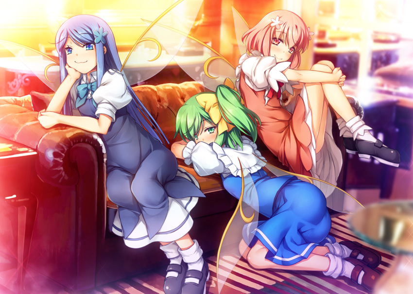 3girls ass bangs black_footwear blue_bow blue_dress blue_eyes blue_hair blue_neckwear blue_skirt blue_vest bow bowtie character_request chima_q chin_rest commentary_request couch daiyousei dress eyebrows_visible_through_hair fairy_wings green_eyes green_hair hair_ornament hand_up highres indoors knees_up leg_hug long_hair looking_at_viewer mary_janes miniskirt multiple_girls petticoat pinafore_dress pink_dress pink_eyes pink_hair puffy_short_sleeves puffy_sleeves shirt shoes short_dress short_hair short_sleeves side_ponytail skirt skirt_set smile socks touhou vest white_legwear white_shirt wings