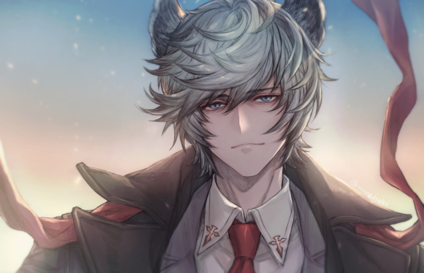 1boy animal_ears blue_eyes blue_hair erune face formal gloves granblue_fantasy jacket_on_shoulders looking_at_viewer male_focus necktie nehan_(granblue_fantasy) numahidoi short_hair simple_background smile solo