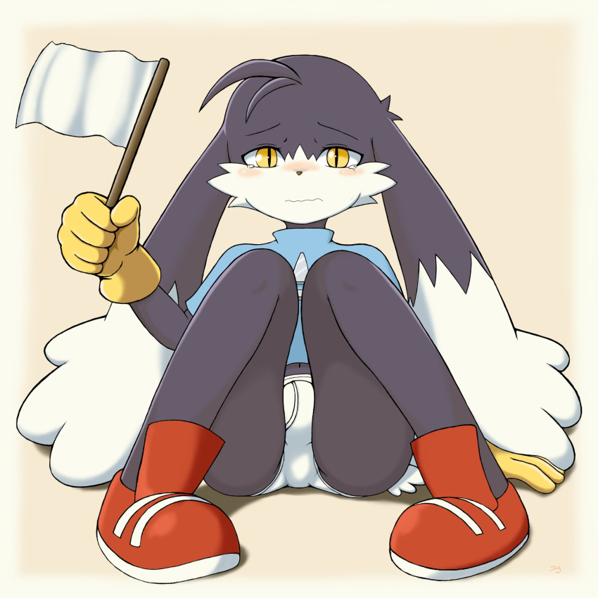 1boy 9mohusuke6 background_layer blue_shirt fag flag furry gloves hands highres image_sample kaze_no_klonoa klonoa pointy_ears red_footwear shirt sitting spread_legs tears twitter_sample two_string underwear upset white_flag yellow_eyes yellow_gloves