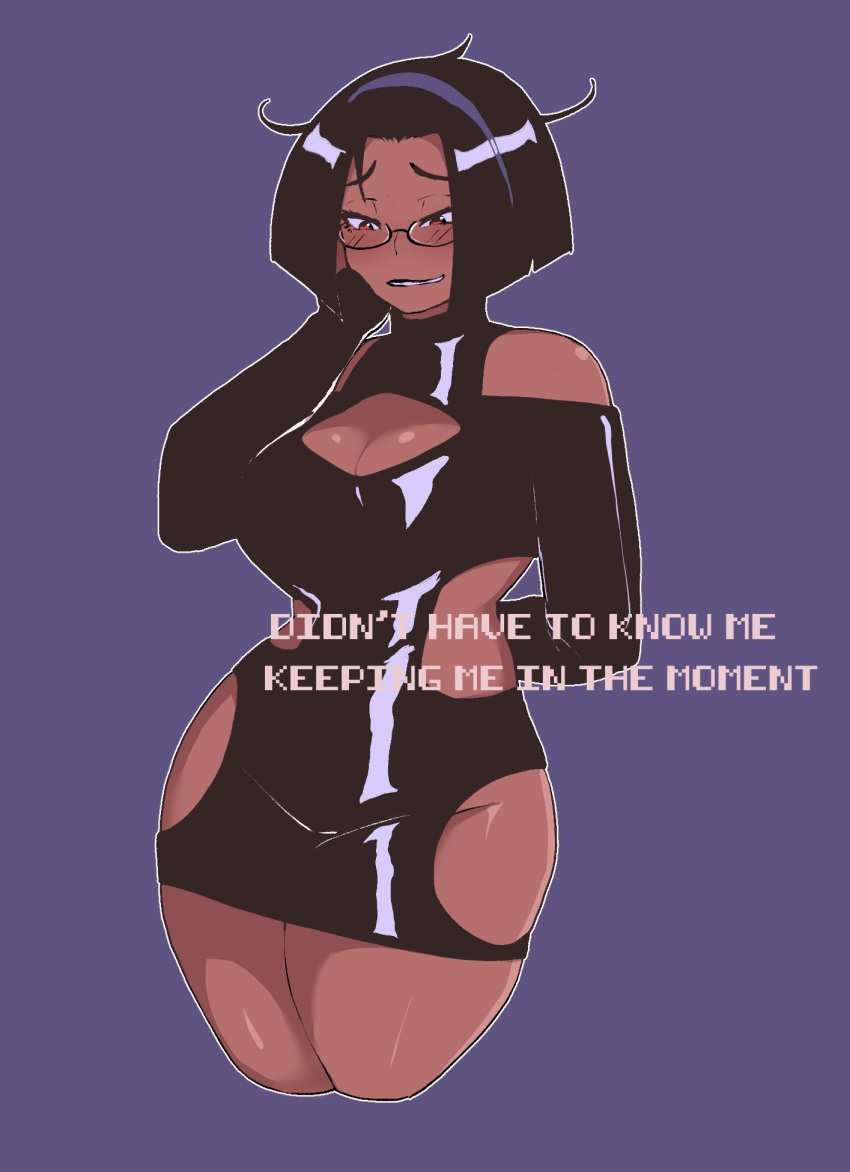 1girl artist_self-insert black_dress black_hair blush bob_cut breasts cleavage cleavage_cutout commentary cropped_legs dark_skin detached_sleeves dress english_commentary english_text glasses hairband hand_on_own_cheek highres hip_vent latex_dress legs_together nyantcha purple_hairband real_life red_eyes semi-rimless_eyewear short_dress short_hair skindentation solo standing thick_thighs thighs under-rim_eyewear