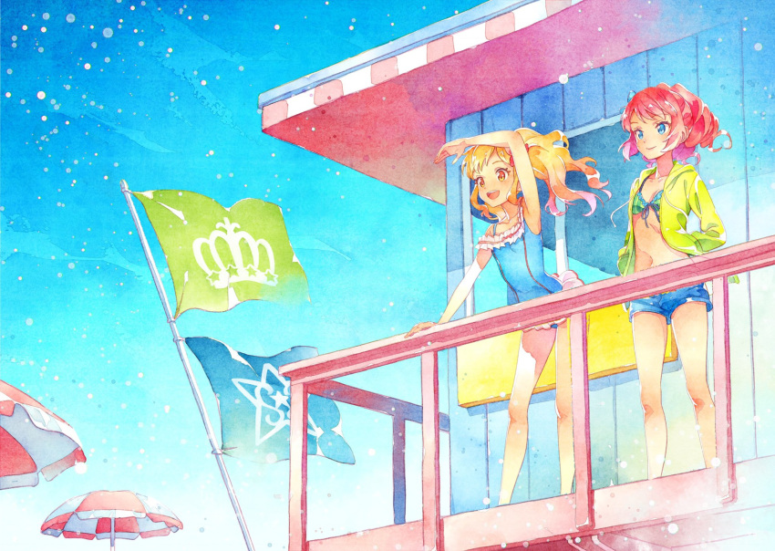 aikatsu!_(series) aikatsu_stars! bikini blonde_hair blue_eyes blue_sky bow brown_eyes casual_one-piece_swimsuit commentary_request eyelashes gradient_hair hair_bow halterneck hand_up highres jacket jacket_over_swimsuit katou_akatsuki looking_to_the_side multicolored_hair multiple_girls nijino_yume one-piece_swimsuit open_mouth pink_hair railing sakuraba_rola shorts sky smile standing striped swimsuit vertical-striped_bikini vertical_stripes