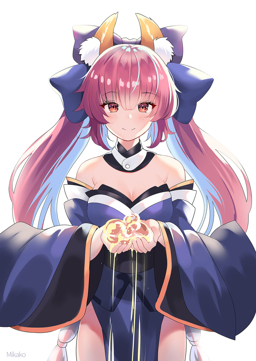 1girl animal_ear_fluff animal_ears bangs bare_shoulders blue_bow blue_kimono blush bow breasts cleavage closed_mouth detached_collar fate/extra fate_(series) fox_ears fox_girl fox_tail hair_bow highres japanese_clothes kimono large_breasts long_hair long_sleeves looking_at_viewer mikako pelvic_curtain pink_hair sash short_kimono sidelocks simple_background smile solo tail tamamo_(fate)_(all) tamamo_no_mae_(fate) tassel twintails white_background wide_sleeves yellow_eyes
