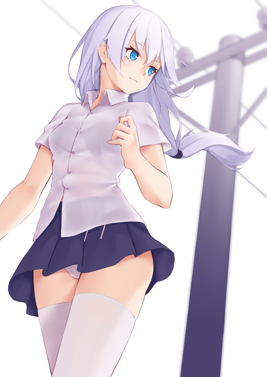 1girl blue_eyes blush breasts closed_mouth collared_shirt dress_shirt from_below highres honkai_(series) honkai_impact_3rd jilu long_hair looking_away looking_back low-tied_long_hair low_ponytail miniskirt panties pantyshot pantyshot_(standing) pleated_skirt purple_skirt shirt short_sleeves silver_hair skirt small_breasts smile solo standing telephone_pole theresa_apocalypse thighhighs underwear upskirt very_long_hair white_legwear white_panties wing_collar