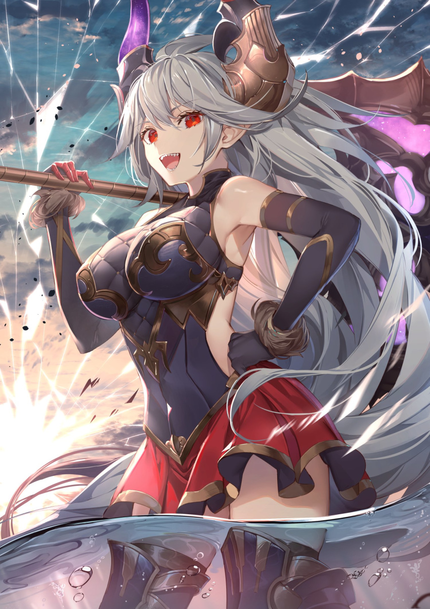 1girl :d armored_boots armpits backlighting bare_shoulders black_gloves black_shirt blue_sky boots breasts cowboy_shot draph elbow_gloves gloves gold_trim granblue_fantasy grey_hair hand_on_hip hand_up highres holding holding_weapon horns kaerunoko large_breasts long_hair looking_at_viewer miniskirt open_mouth pointy_ears red_eyes red_skirt sharp_teeth shirt side_cutout skirt sky sleeveless sleeveless_shirt smile solo teeth thalatha_(granblue_fantasy) thigh_boots thighhighs very_long_hair weapon zettai_ryouiki