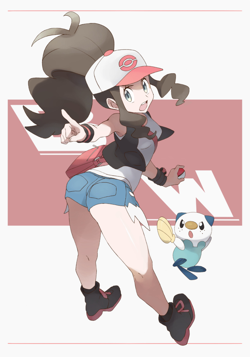 1girl ass bag baseball_cap black_vest breasts brown_hair denim denim_shorts graphite_(medium) hat high_ponytail highres long_hair looking_at_viewer nomura_(buroriidesu) open_mouth oshawott poke_ball poke_ball_(generic) pokemon pokemon_(creature) pokemon_(game) pokemon_bw ponytail shirt short_shorts shorts shoulder_bag sleeveless sleeveless_shirt tank_top thighs touko_(pokemon) traditional_media vest white_shirt wristband