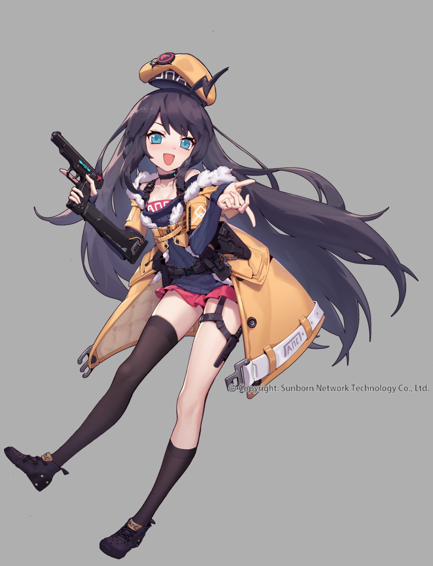 1girl :d alternate_costume asymmetrical_legwear bangs bare_shoulders belt beret black_choker black_footwear black_hair black_legwear blue_eyes blush breasts choker chunrijun_(springer) coat collarbone combat_knife girls_frontline gloves grey_background gun hair_between_eyes handgun hat highres kneehighs knife long_hair looking_at_viewer mod3_(girls_frontline) off-shoulder_sweater off_shoulder official_art open_mouth pink_skirt purple_sweater ribbed_sweater shoes sidelocks simple_background single_kneehigh single_thighhigh skirt small_breasts smile solo stechkin_(girls_frontline) stechkin_aps sweater thigh_strap thighhighs trigger_discipline watermark weapon yellow_coat yellow_headwear