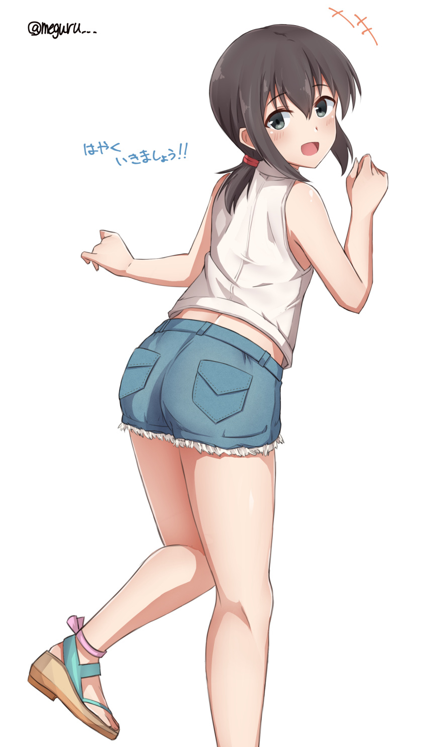 1girl absurdres alternate_costume ass bad_anatomy black_eyes black_hair blue_shorts casual cutoffs denim denim_shorts error from_behind fubuki_(kantai_collection) highres kantai_collection looking_at_viewer looking_back low_ponytail meguru_(megurunn) open_toe_shoes ponytail shirt short_ponytail short_shorts shorts sidelocks simple_background sleeveless sleeveless_shirt solo translated twitter_username white_background white_shirt wrong_feet