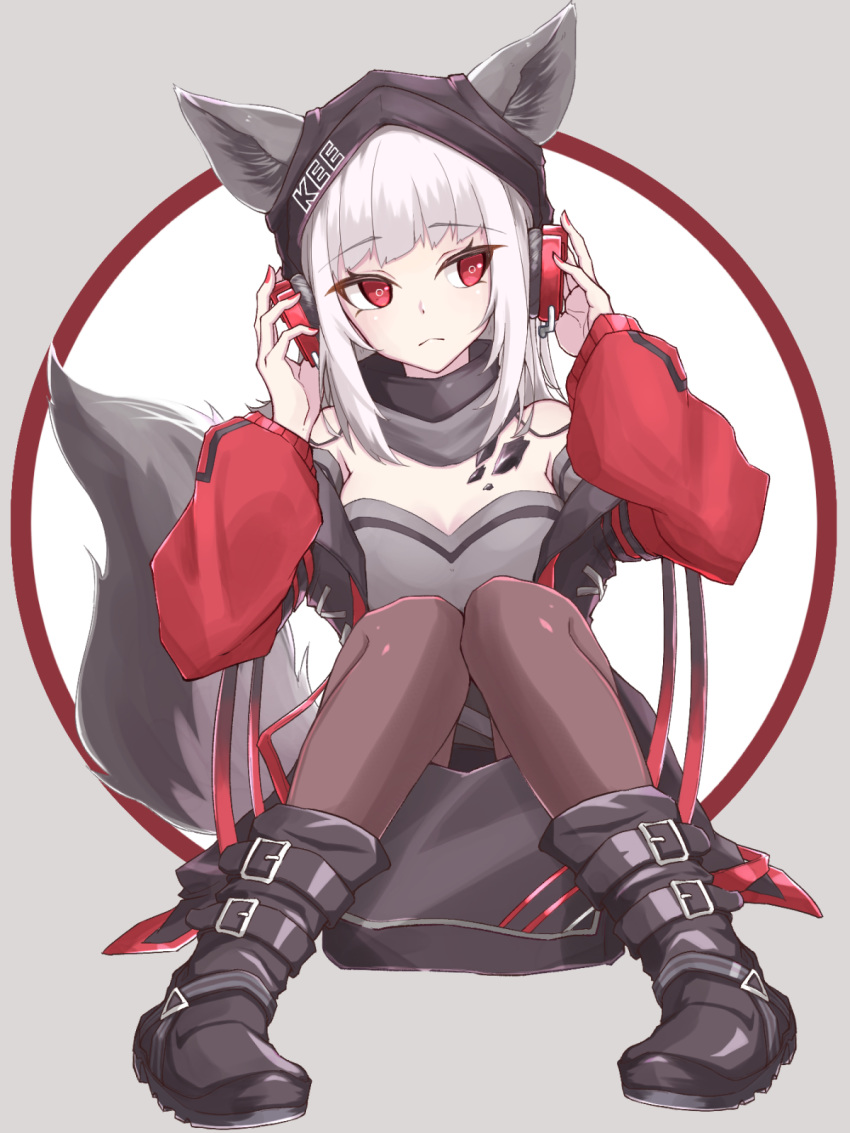 1girl animal_ears arknights black_footwear black_headwear black_jacket black_legwear boots breasts cleavage detached_collar dress eyebrows_visible_through_hair fox_ears fox_tail frostleaf_(arknights) full_body grey_background hands_on_headphones headphones highres jacket knees_together_feet_apart long_hair looking_to_the_side medium_breasts nail_polish off-shoulder_dress off_shoulder pantyhose red_eyes red_jacket red_nails red_sleeves short_dress sitting solo tail uchukurage_san white_hair