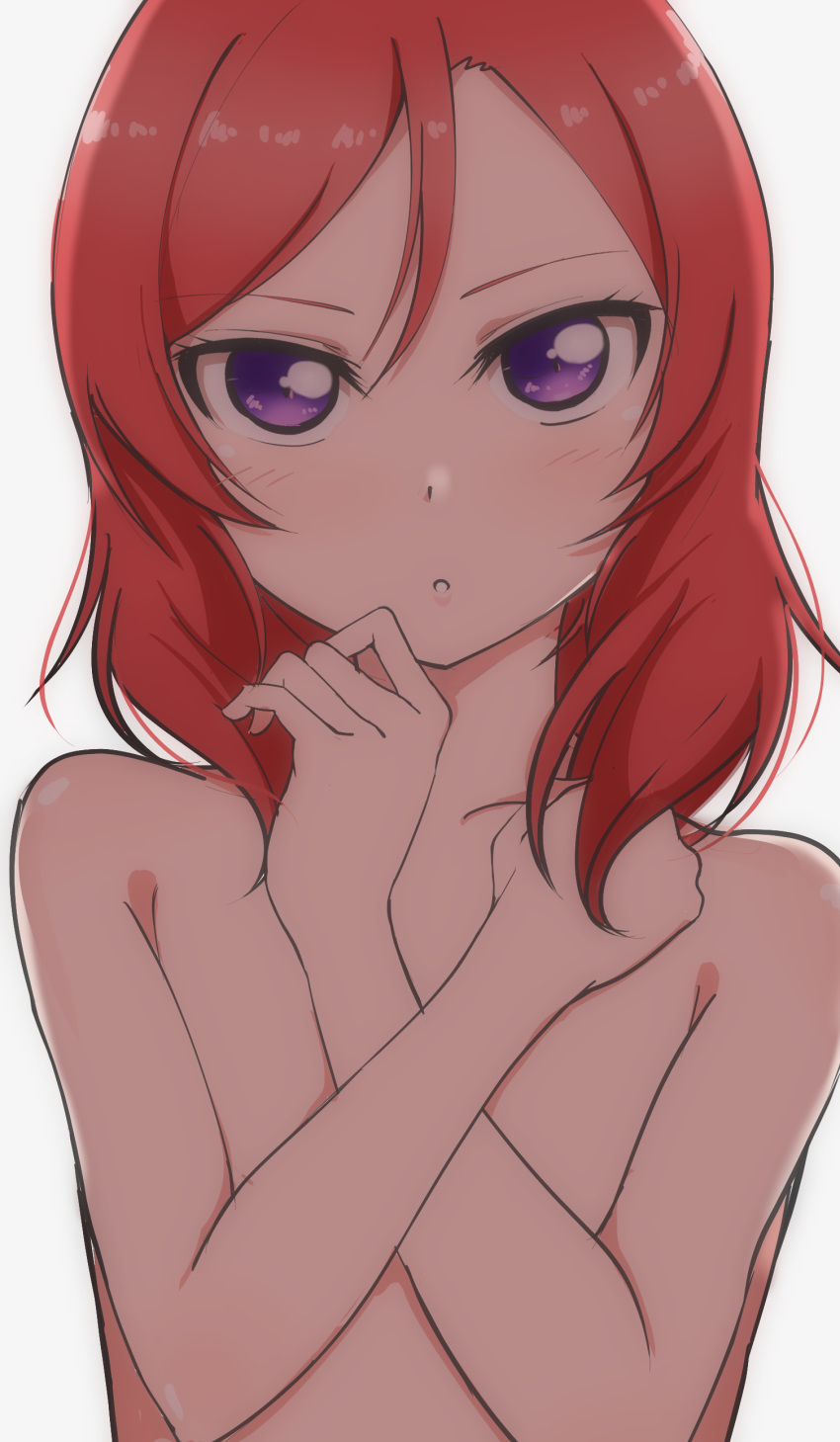 1girl :o absurdres blush eyebrows_visible_through_hair grey_background hands_up highres love_live! love_live!_school_idol_project nishikino_maki nude purple_eyes red_hair short_hair simple_background solo upper_body wewe