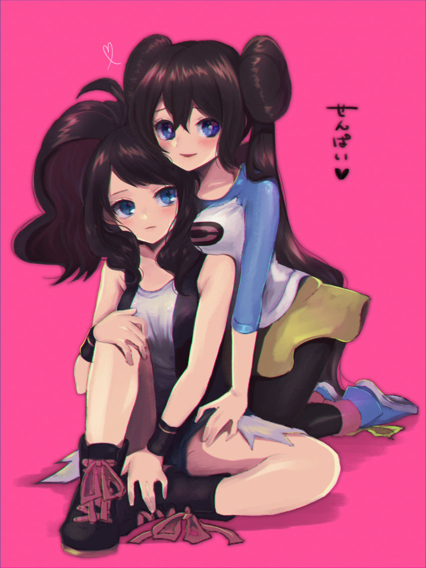 blue_eyes blush breasts brown_hair double_bun highres long_hair looking_at_viewer mokorei multiple_girls open_mouth pantyhose pokemon pokemon_special shorts simple_background smile twintails very_long_hair whi-two_(pokemon) white_(pokemon)
