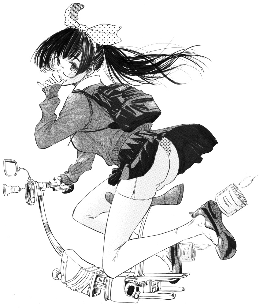 1girl absurdres ass backpack bag bangs earrings gagaimo garter_straps glasses hair_ribbon highres hover_bike jewelry leaning_forward long_hair long_sleeves looking_at_viewer looking_back miniskirt monochrome opened_by_self original panties pleated_skirt polka_dot polka_dot_panties polka_dot_ribbon ponytail ribbon riding round_eyewear school_uniform shoes skindentation skirt skirt_lift solo sweater thighhighs traditional_media underwear wind wind_lift
