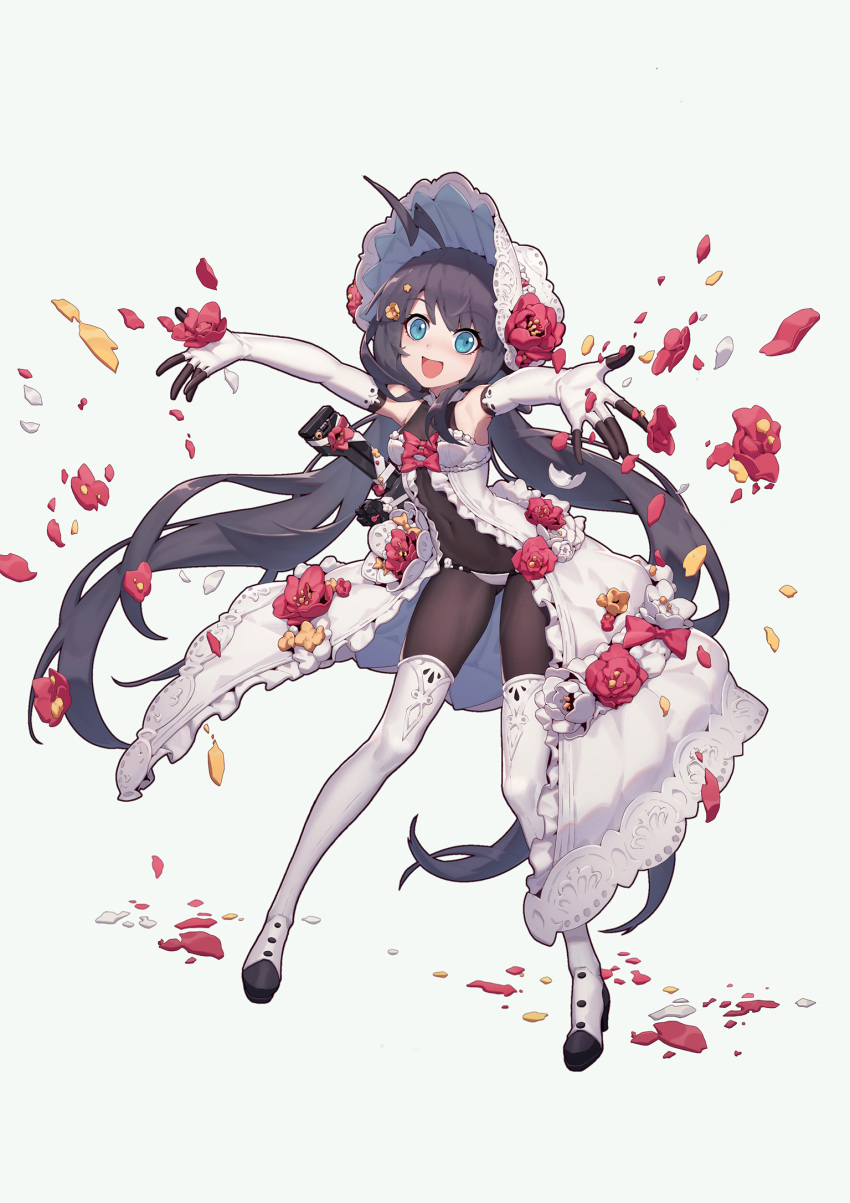 1girl :d ahoge bangs bare_shoulders black_bodysuit black_hair blue_eyes bodysuit bodysuit_under_clothes bonnet boots breasts chunrijun_(springer) clip_(weapon) covered_navel dress elbow_gloves eyebrows_visible_through_hair flower frilled_dress frills full_body girls_frontline gloves green_background hair_ornament highres long_hair low_twintails medium_breasts official_art open_mouth outstretched_arms panties petals red_flower ribbon simple_background smile solo stechkin_(girls_frontline) strapless strapless_dress thigh_boots thighhighs twintails underwear very_long_hair white_dress white_footwear white_gloves white_headwear white_legwear white_panties white_ribbon