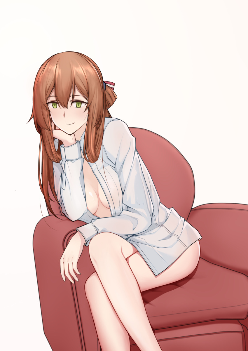 1girl absurdres bow breasts brown_hair cleavage crossed_legs girls_frontline green_eyes hair_bow hand_in_head highres legs long_hair looking_at_viewer m1903_springfield_(girls_frontline) macayase medium_breasts open_clothes sitting_on_sofa smile solo tight white_background
