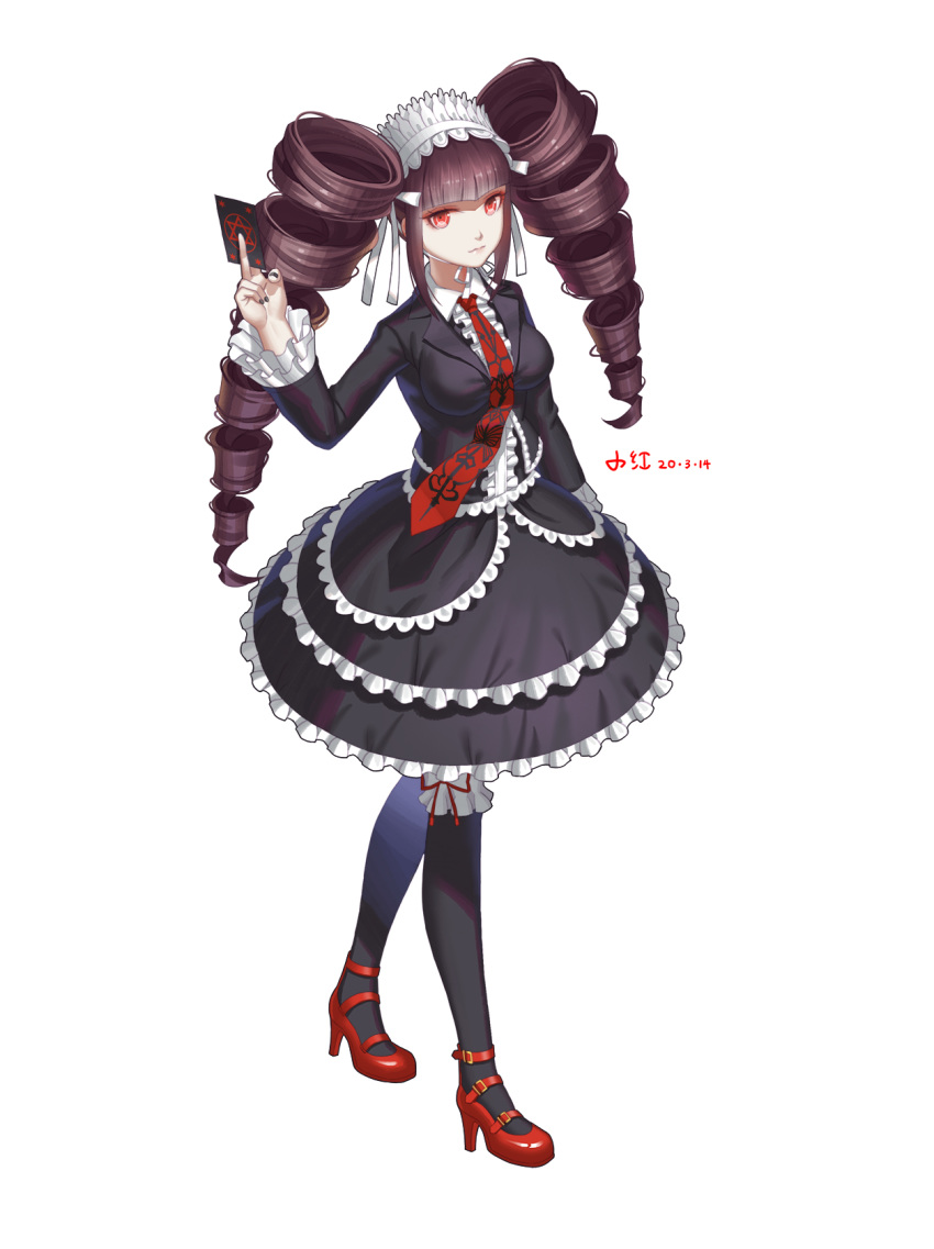 1girl bangs black_hair black_legwear black_nails bonnet celestia_ludenberck commentary_request danganronpa danganronpa_1 dated drill_hair frills gothic_lolita hairband highres lolita_fashion long_hair looking_at_viewer nail_polish necktie red_eyes red_neckwear shui_qian_he_kafei simple_background smile solo thighhighs twin_drills twintails very_long_hair white_background