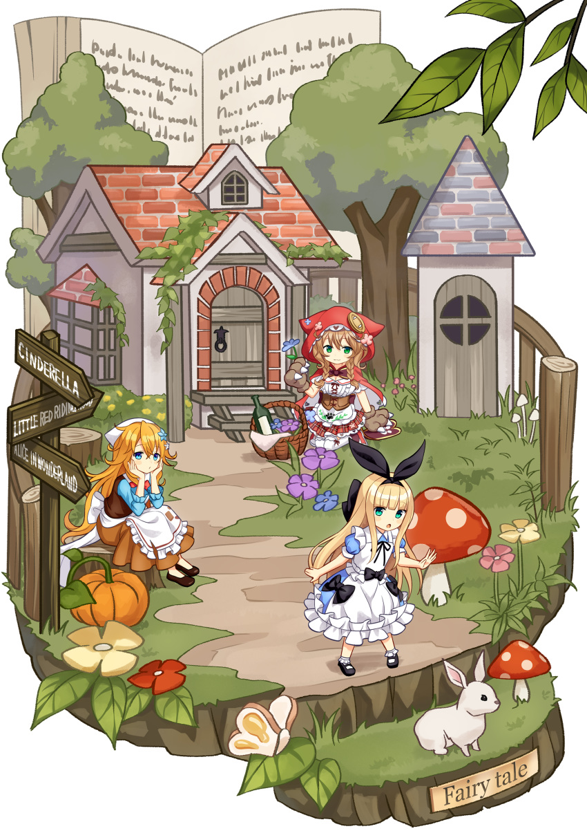 3girls absurdres animal animal_ears animal_hood apron bangs black_bow black_footwear black_ribbon blonde_hair blue_dress blue_eyes blue_flower blue_shirt blush_stickers bobby_socks book bow braid breasts brown_flower brown_hair brown_skirt brown_vest bunny capelet chibi cleavage closed_mouth commentary_request door dress english_text eyebrows_visible_through_hair fake_animal_ears fence flower frilled_apron frills gloves green_eyes hair_between_eyes hair_bow hair_flower hair_ornament hair_ribbon head_in_hand highres hood hood_up hooded_capelet house large_breasts long_hair low_twintails mononobe_alice multiple_girls mushroom nijisanji open_book open_mouth orange_hair otogibara_era plaid plaid_skirt pleated_skirt puffy_short_sleeves puffy_sleeves pumpkin purple_flower red_capelet red_gloves red_skirt ribbon shirt shoes short_sleeves sign skirt smile socks thighhighs twin_braids twintails very_long_hair vest virtual_youtuber waist_apron warabeda_meijii white_apron white_background white_flower white_legwear white_shirt yuusa